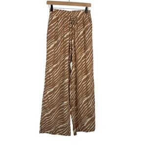 Womens Linen Blend Tiger Zebra Print Brown Cream Pant XS Wide Leg Vacation Beach